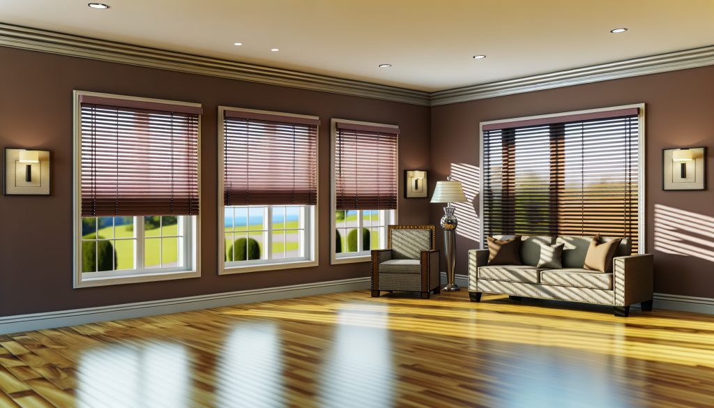 a large room with 4 big windows with blinds half open