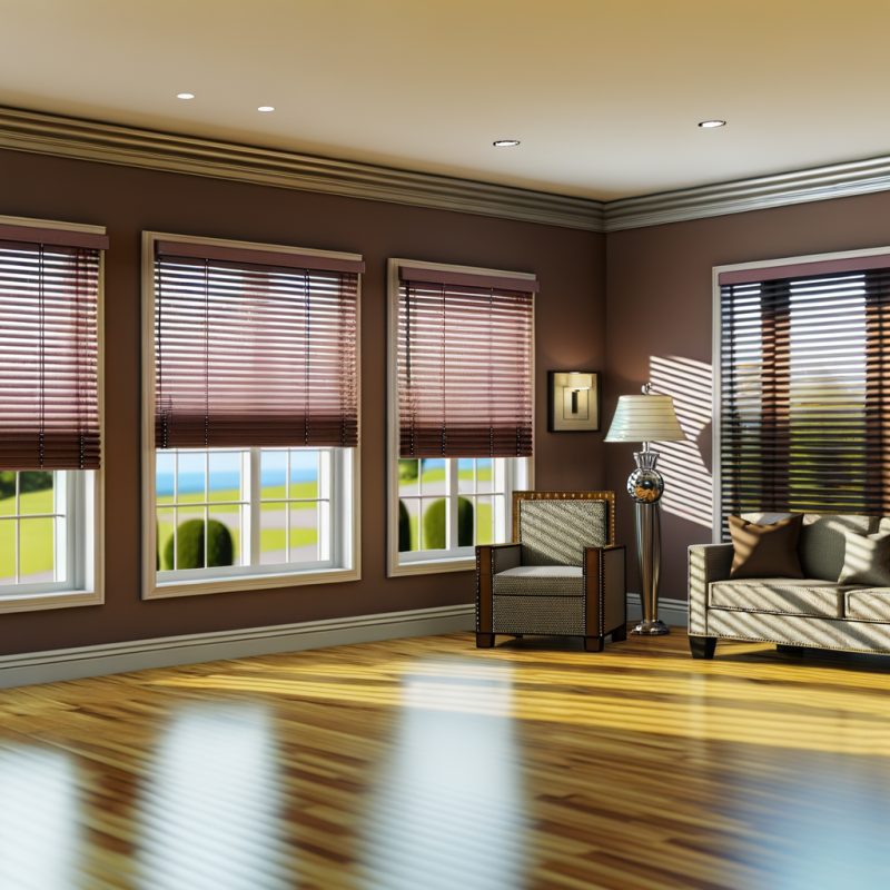a large room with 4 big windows with blinds half open