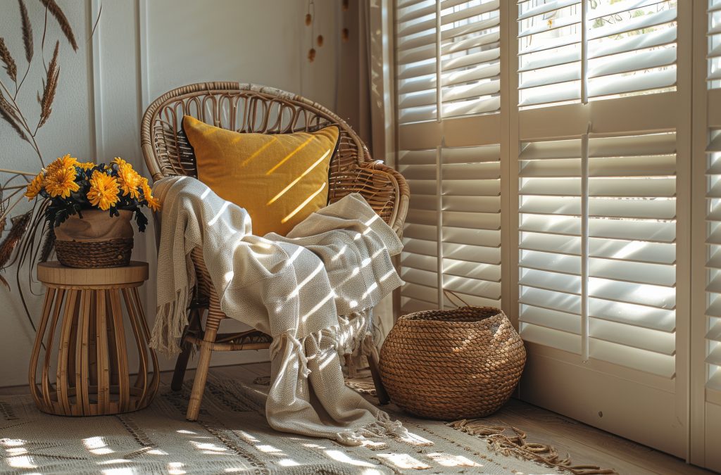 a cozy room with horizontal blinds