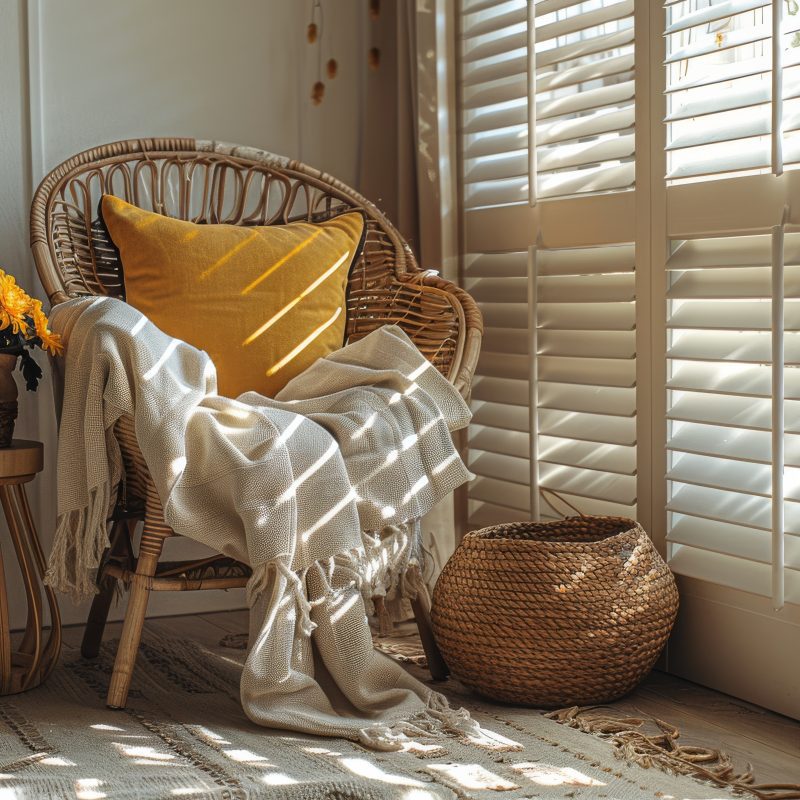 a cozy room with horizontal blinds