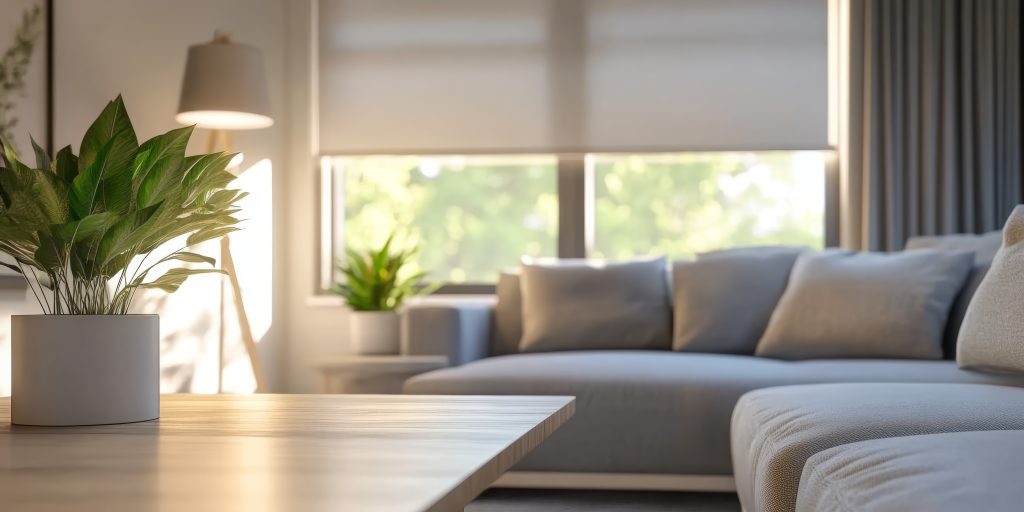 elegant living room with roller blinds